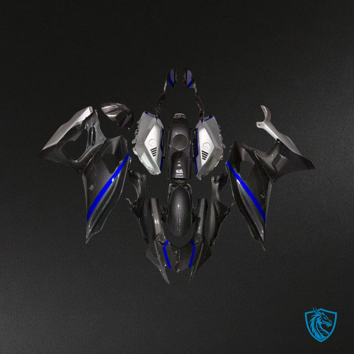 Yamaha R7 (2021-2025) Gloss Black, Silver & Blue Carbon Fiber Style - Custom ABS Fairing Kit