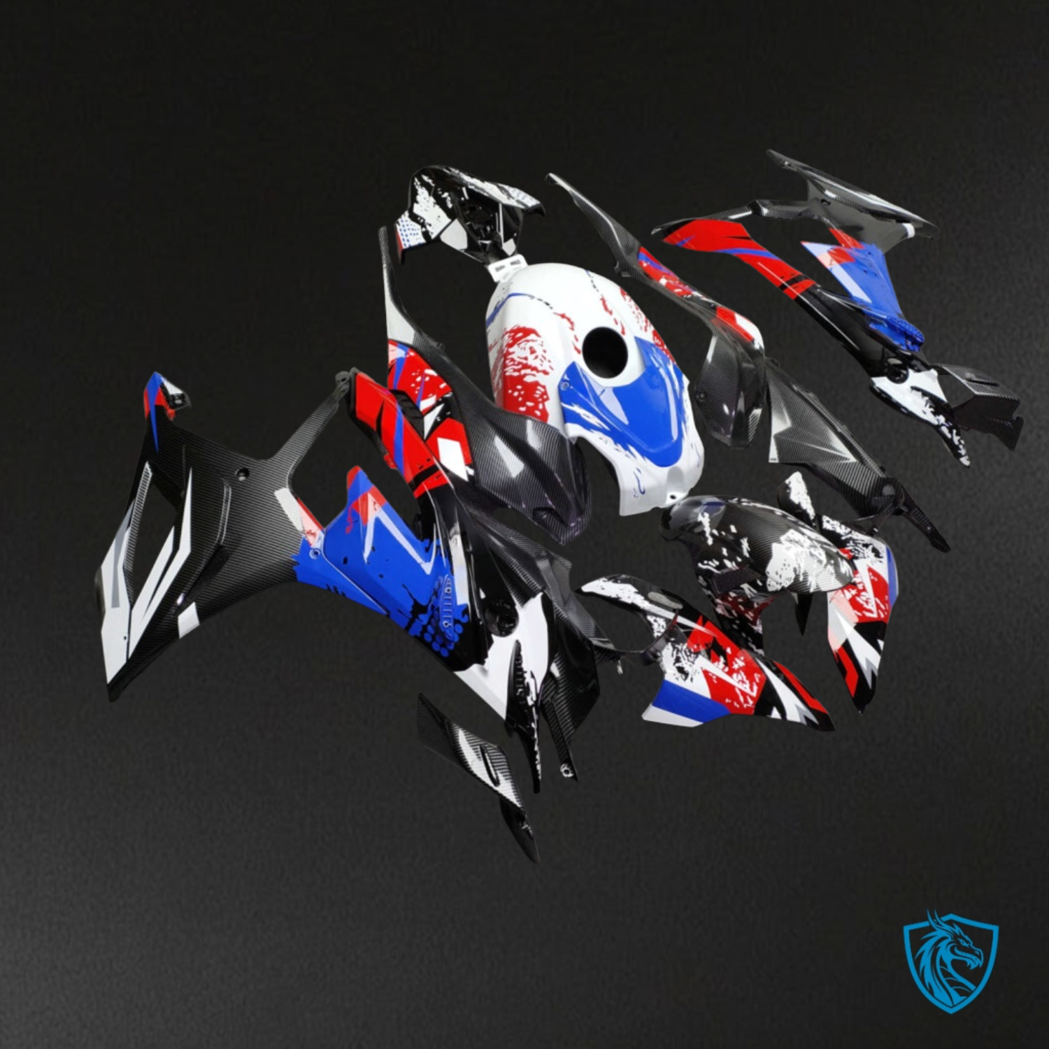 BMW S1000RR (2023-2024) Gloss White with Red & Blue with Carbon Fiber Style - ABS Bodywork Fairings Kit