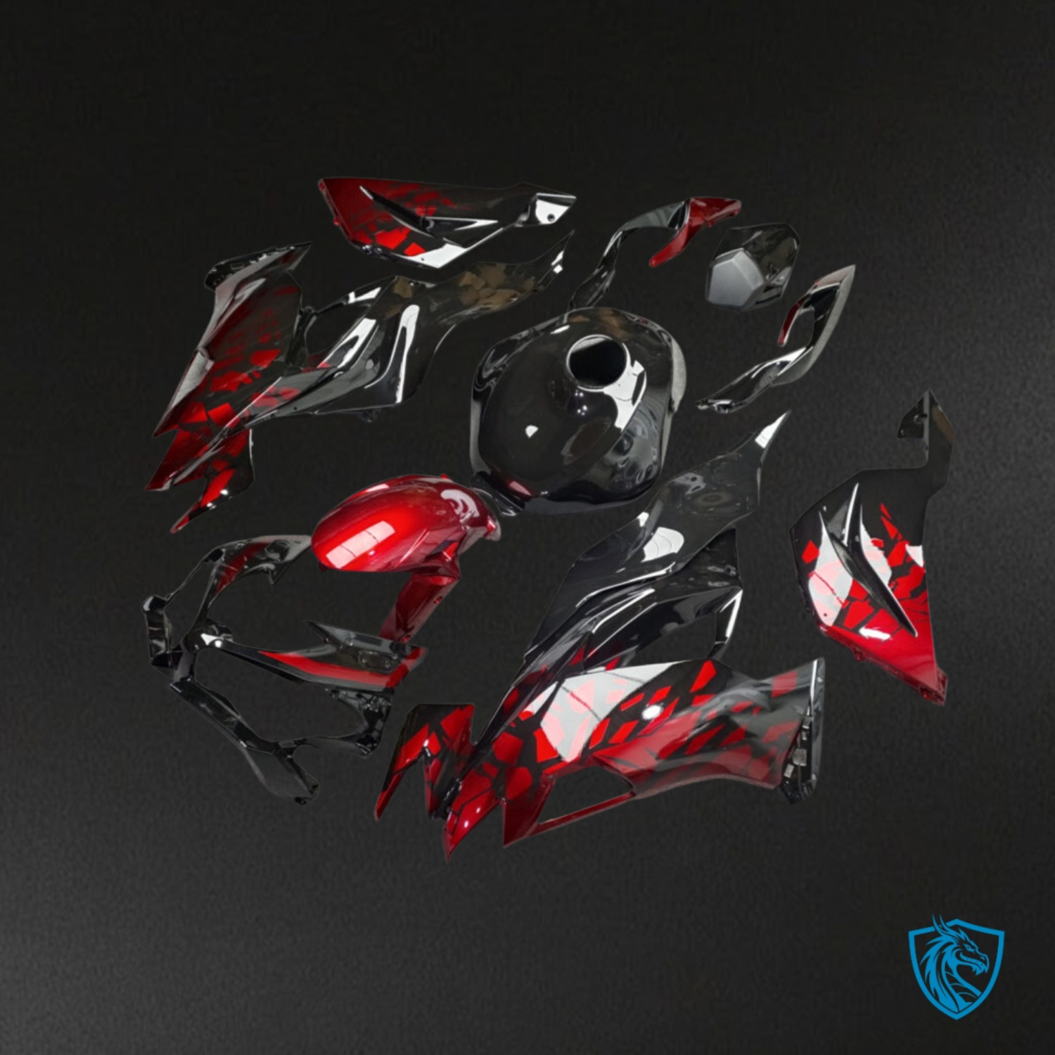 Kawasaki ZX6R (2019–2023) Gloss Black & Red Shattered Replacement Motorcycle Fairings Kit – Aftermarket ABS Bodywork