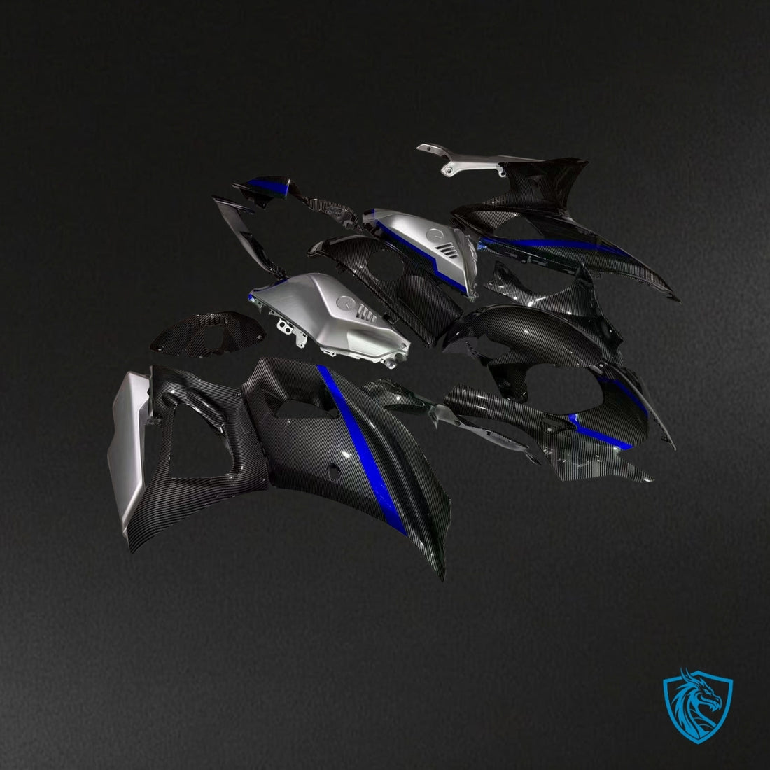 Yamaha R7 (2021-2025) Gloss Black, Silver & Blue Carbon Fiber Style - Custom ABS Fairing Kit