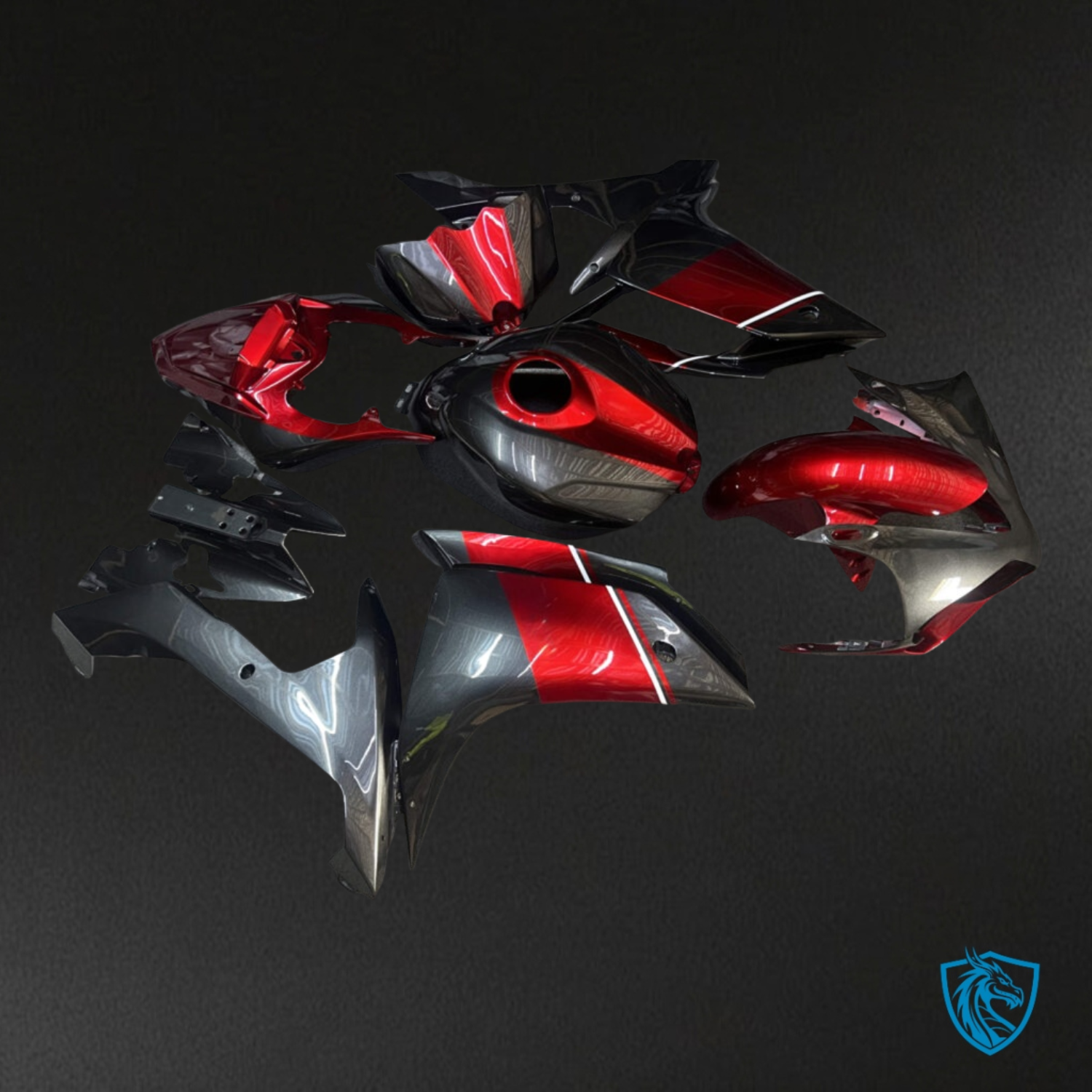 Yamaha R1 (2007-2008) Gloss Black & Candy Red with White line Fairings Kit - ABS Bodywork