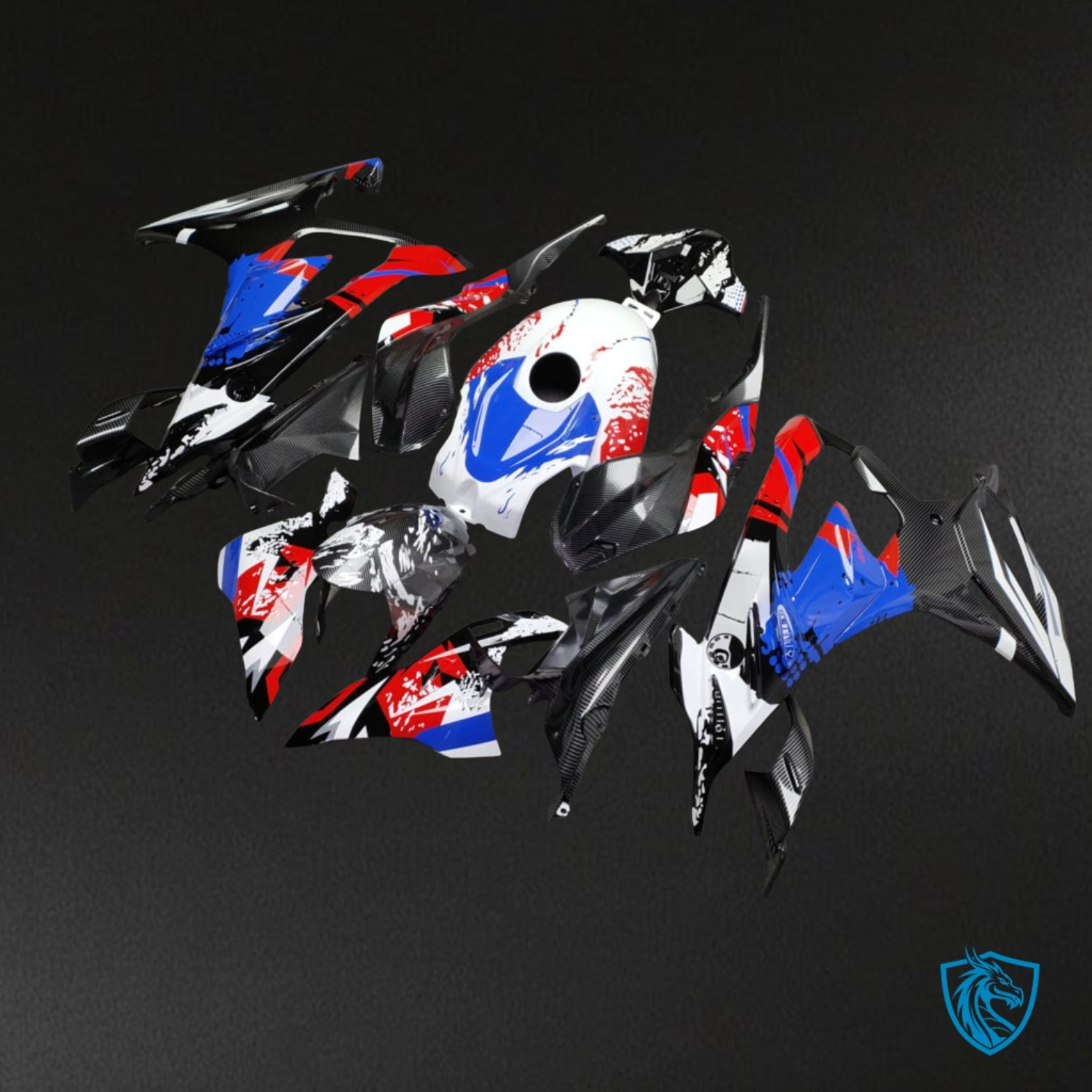 BMW S1000RR (2023-2024) Gloss White with Red & Blue with Carbon Fiber Style - ABS Bodywork Fairings Kit