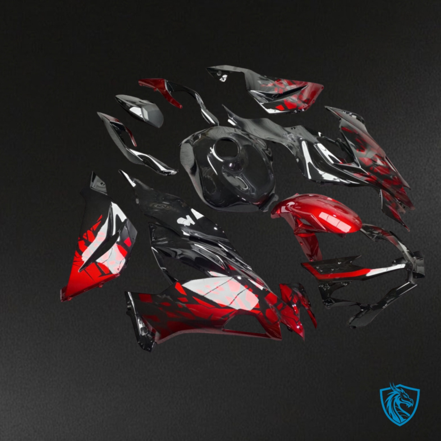 Kawasaki ZX6R (2019–2023) Gloss Black & Red Shattered Replacement Motorcycle Fairings Kit – Aftermarket ABS Bodywork