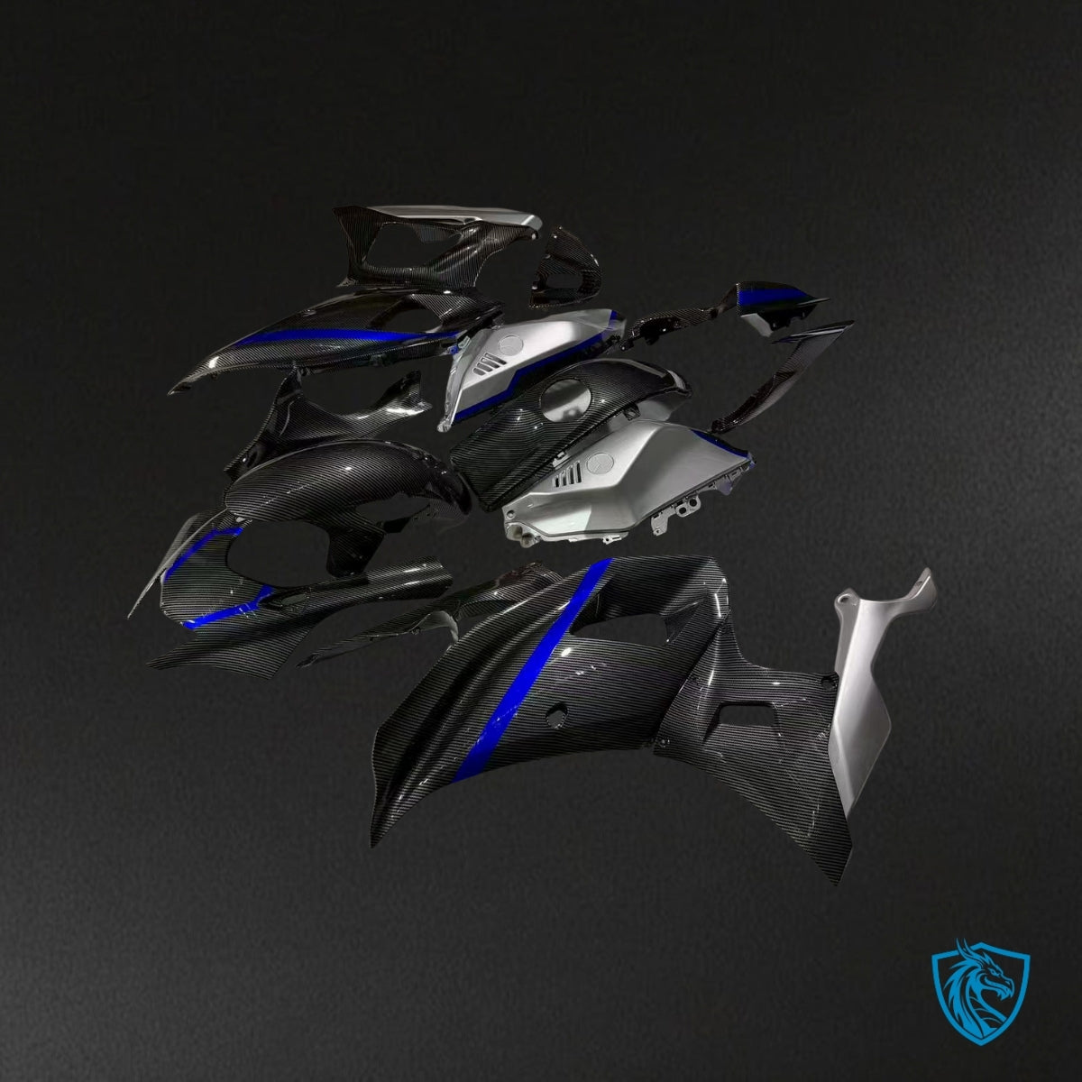 Yamaha R7 (2021-2025) Gloss Black, Silver & Blue Carbon Fiber Style - Custom ABS Fairing Kit