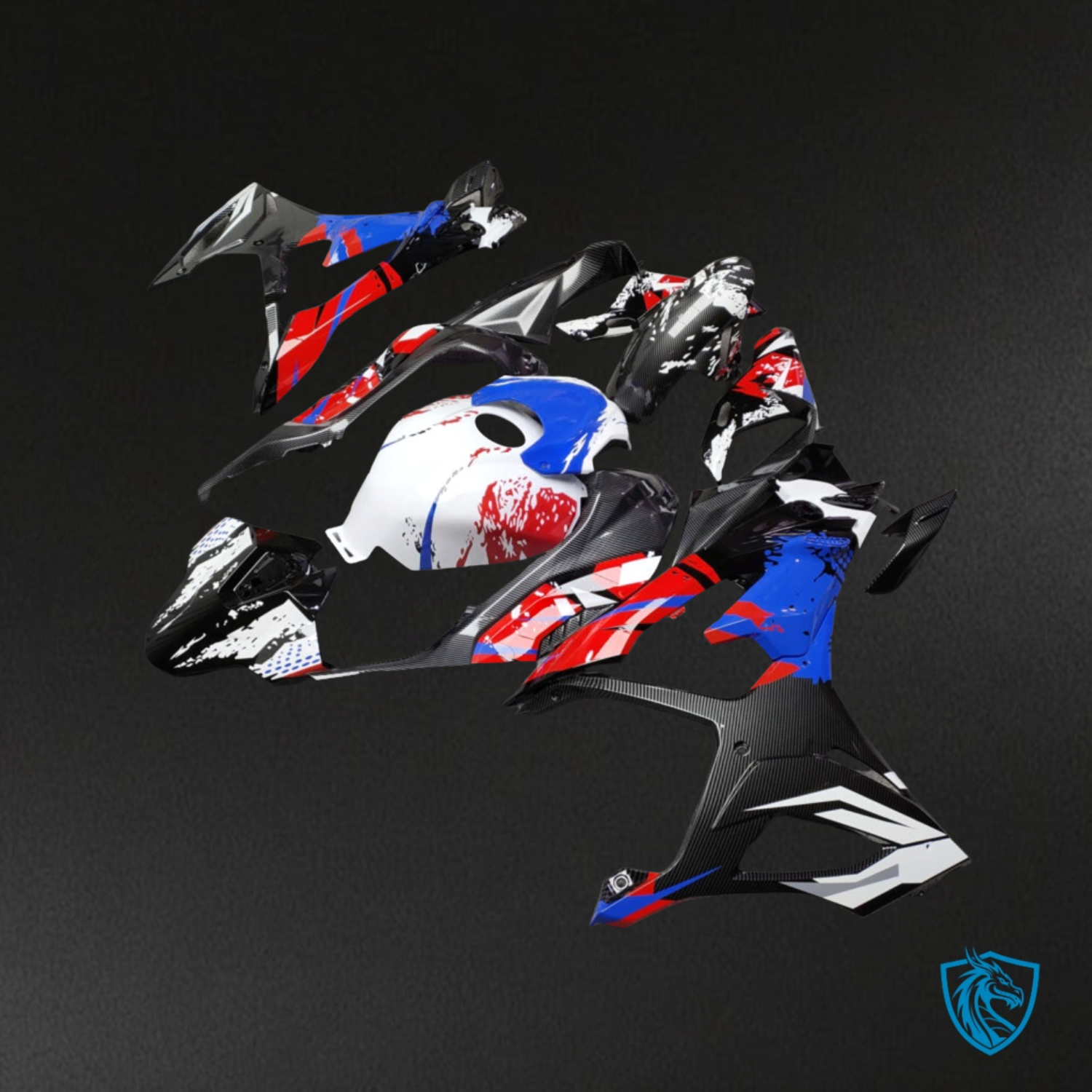 BMW S1000RR (2023-2024) Gloss White with Red & Blue with Carbon Fiber Style - ABS Bodywork Fairings Kit