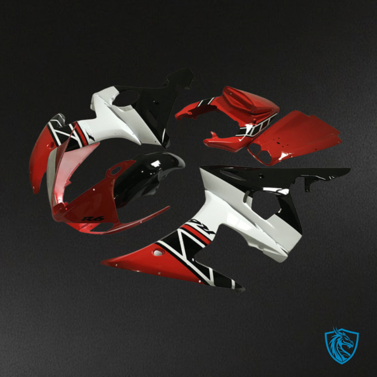 Yamaha YZF R6 (2003-2004) Black, Red & White with Logos - Custom ABS Fairing Kit