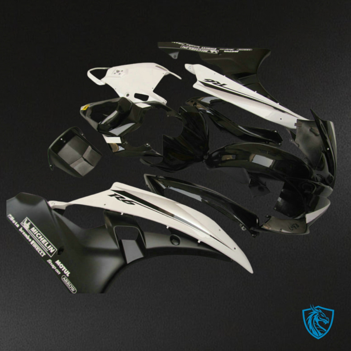 Yamaha YZF R6 (2006-2007) Black & White with Stripe Fairing Kit - Aftermarket ABS Bodywork