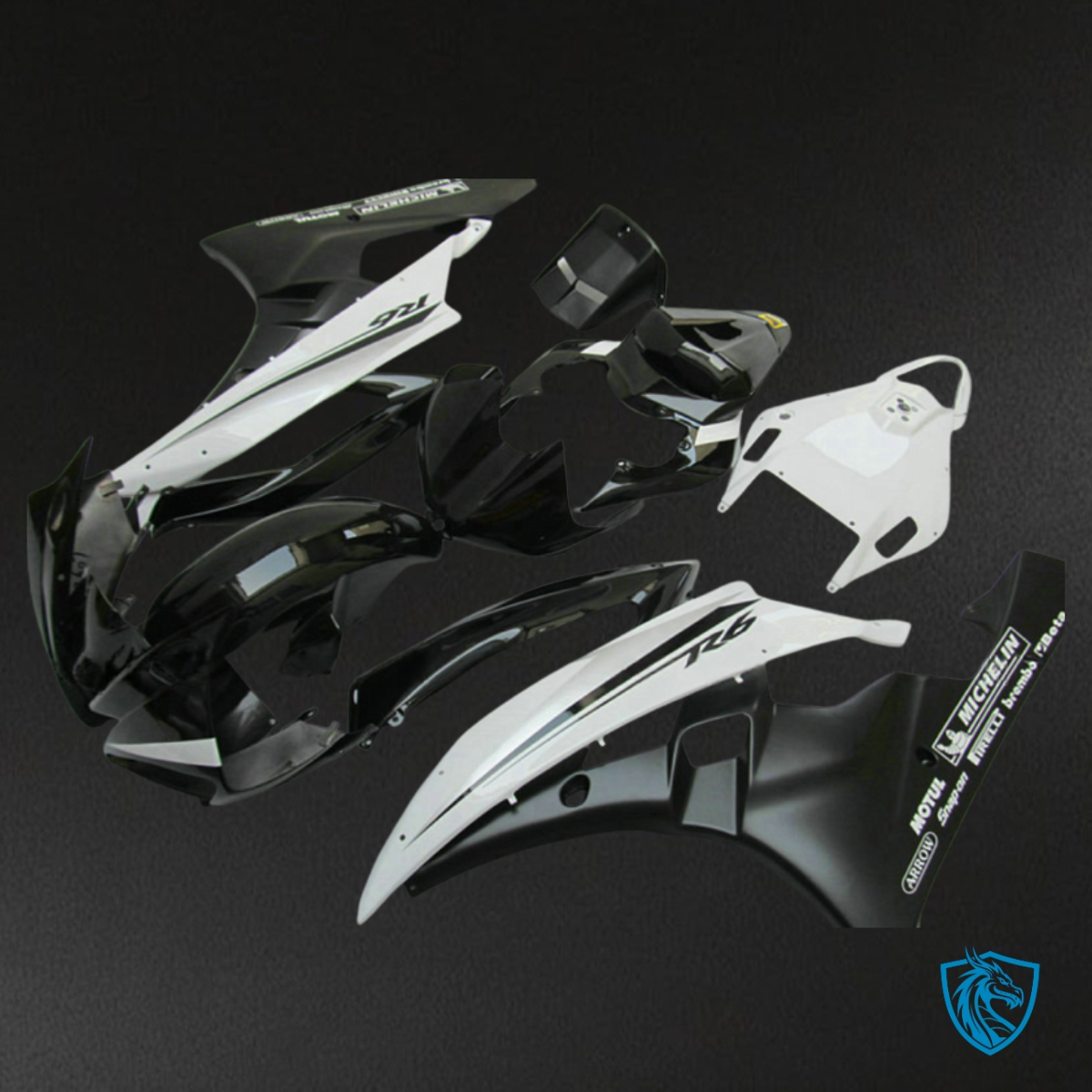 Yamaha YZF R6 (2006-2007) Black & White with Stripe Fairing Kit - Aftermarket ABS Bodywork