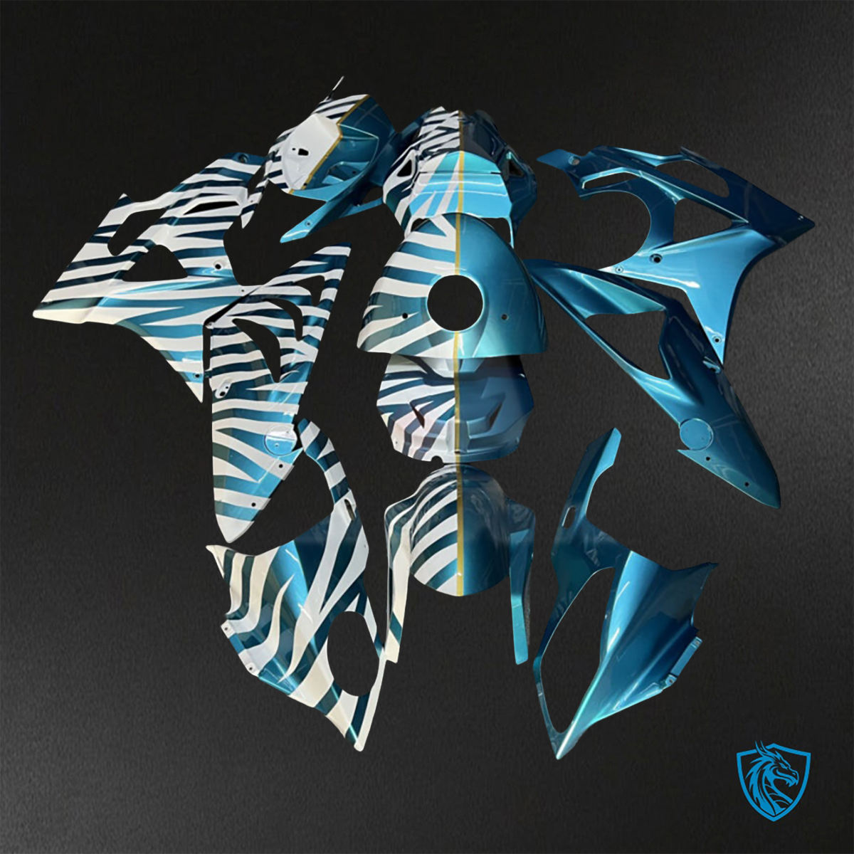 BMW S1000RR (2009-2014) Gloss White & Light Blue Zebra - Custom ABS Fairing Kit