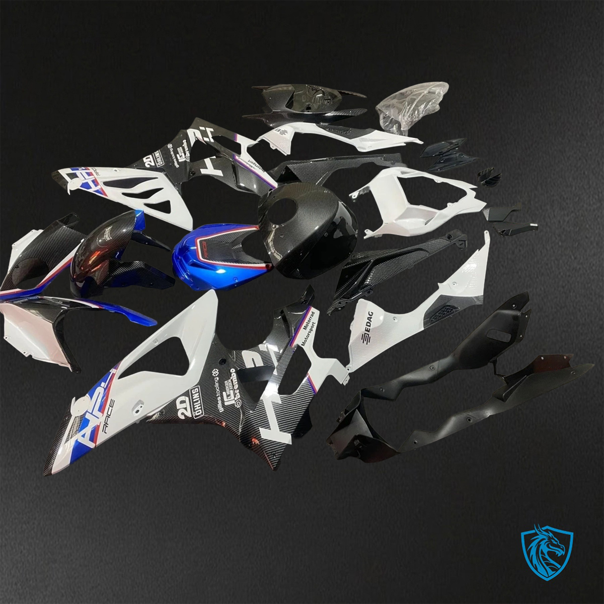 BMW S1000RR HP4 (2009-2014) Gloss Black, Blue & White carbon fabric ABS Bodywork - Fairing Kit