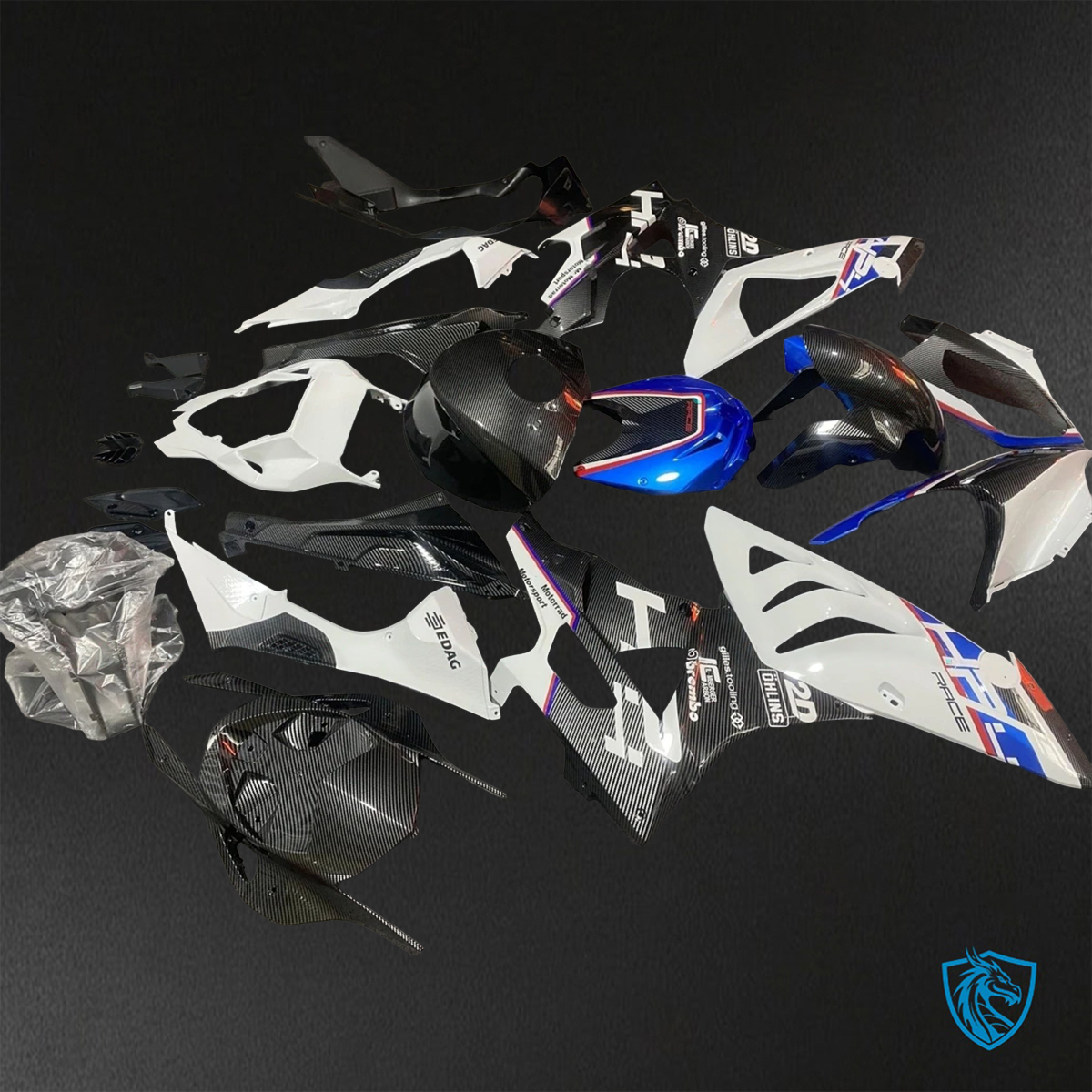 BMW S1000RR HP4 (2009-2014) Gloss Black, Blue & White carbon fabric ABS Bodywork - Fairing Kit