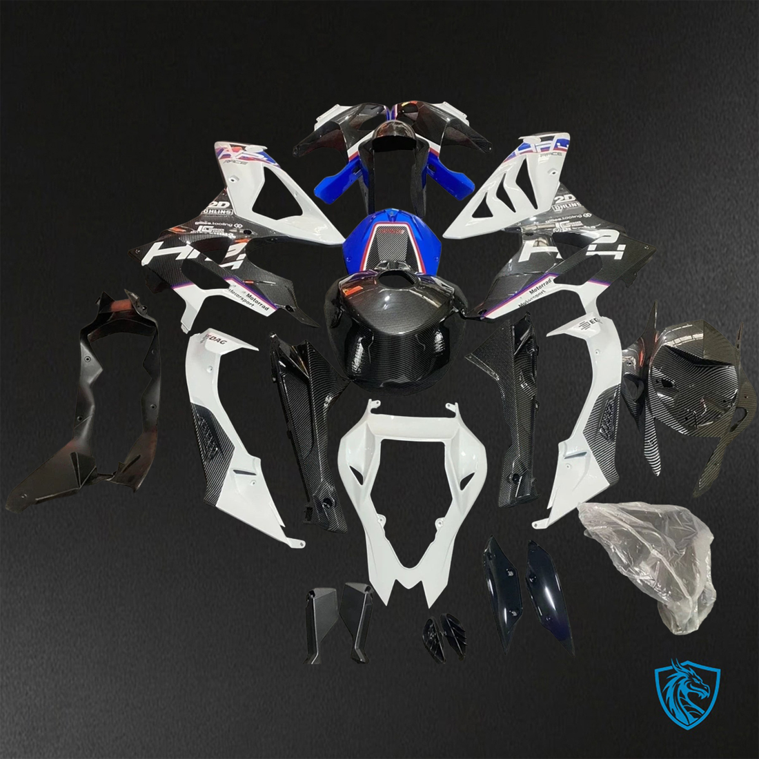 BMW S1000RR HP4 (2009-2014) Gloss Black, Blue & White carbon fabric ABS Bodywork - Fairing Kit
