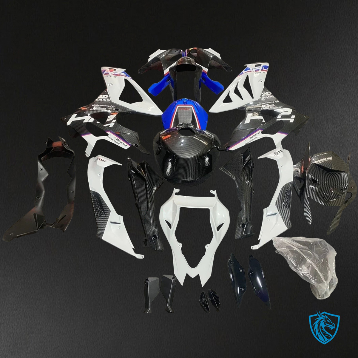 BMW S1000RR HP4 (2009-2014) Gloss Black, Blue & White carbon fabric ABS Bodywork - Fairing Kit