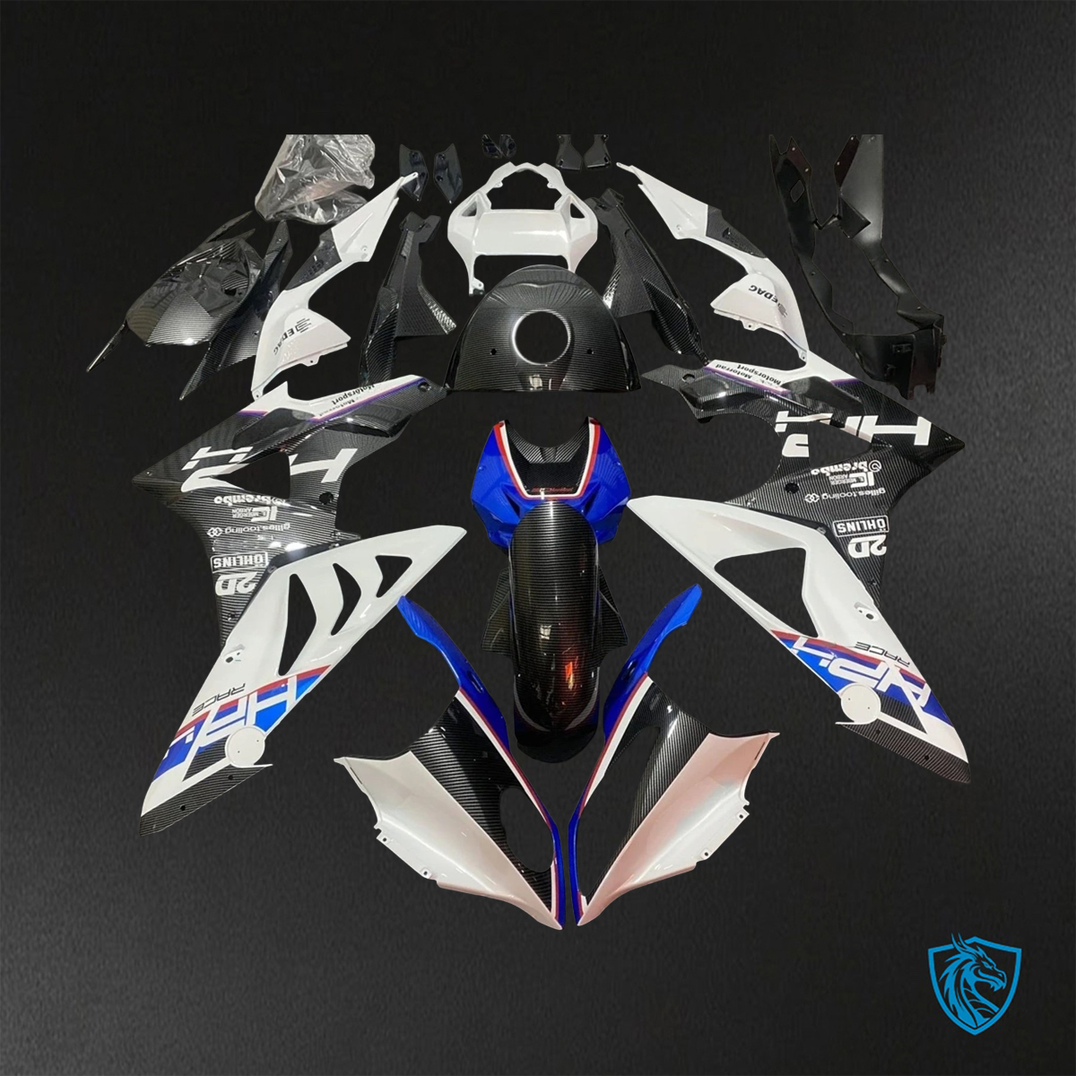 BMW S1000RR HP4 (2009-2014) Gloss Black, Blue & White carbon fabric ABS Bodywork - Fairing Kit