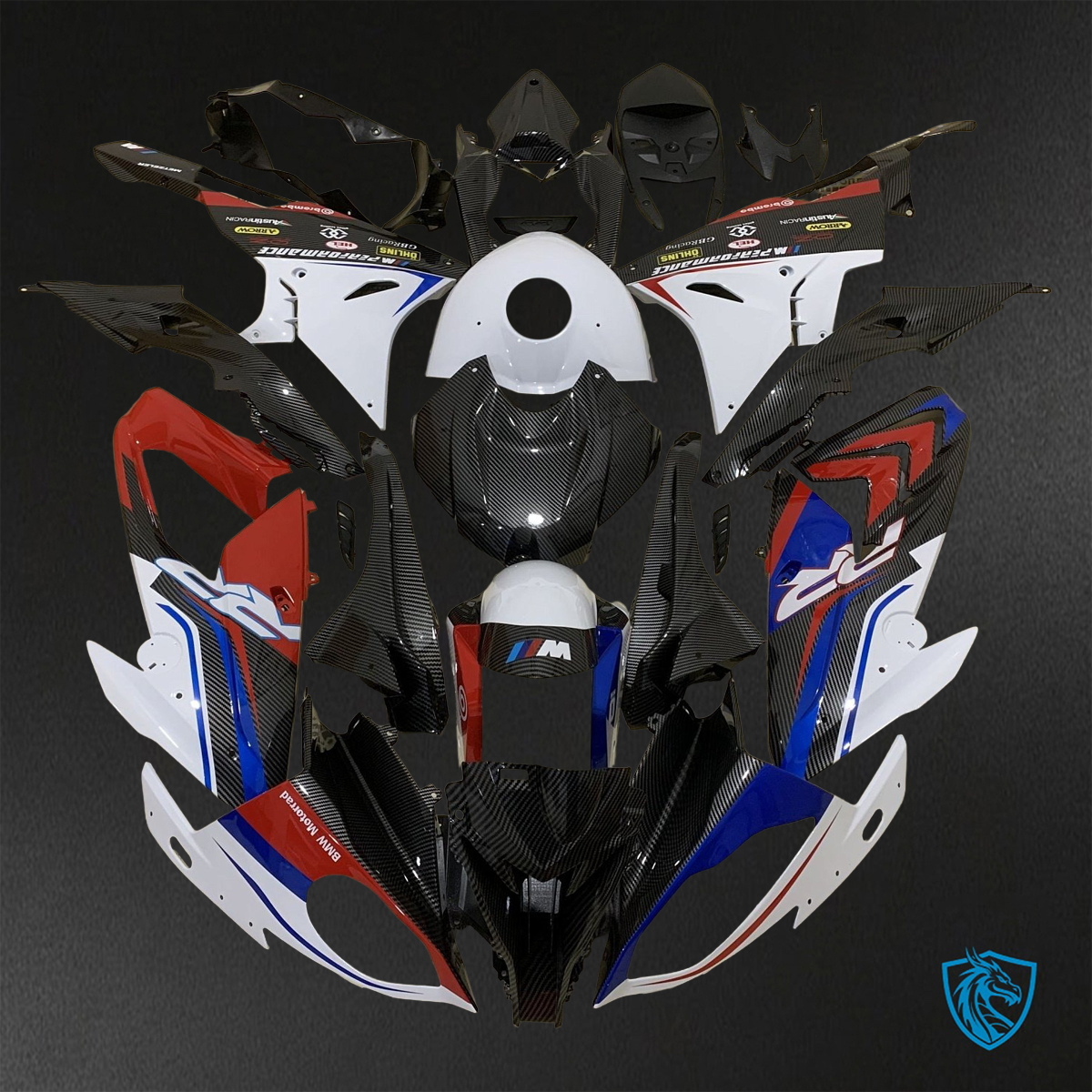 BMW S1000RR HP4 (2009-2014) GLOSS Black, BLUE Red & White carbon fabric - Replacement Motorcycle Fairings Kit