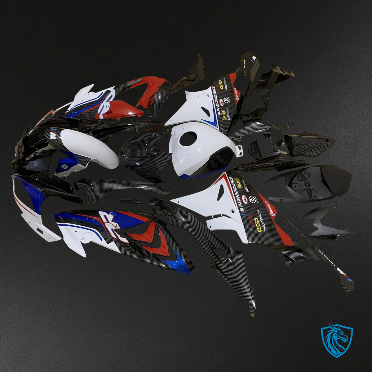 BMW S1000RR HP4 (2009-2014) GLOSS Black, BLUE Red & White carbon fabric - Replacement Motorcycle Fairings Kit
