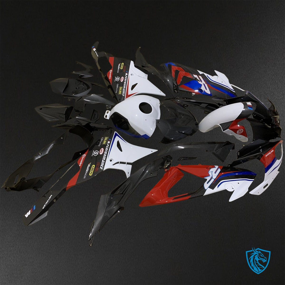 BMW S1000RR HP4 (2009-2014) GLOSS Black, BLUE Red & White carbon fabric - Replacement Motorcycle Fairings Kit