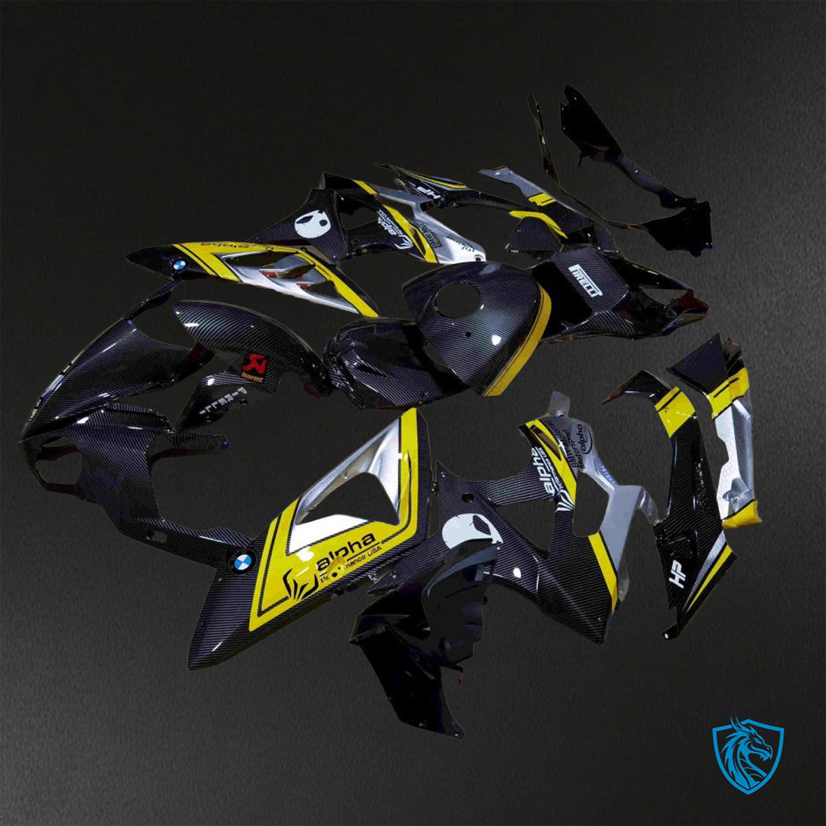 BMW S1000RR HP4 (2009-2014) Black, Yellow, Silver & carbon fabric - Custom ABS Fairing Kit