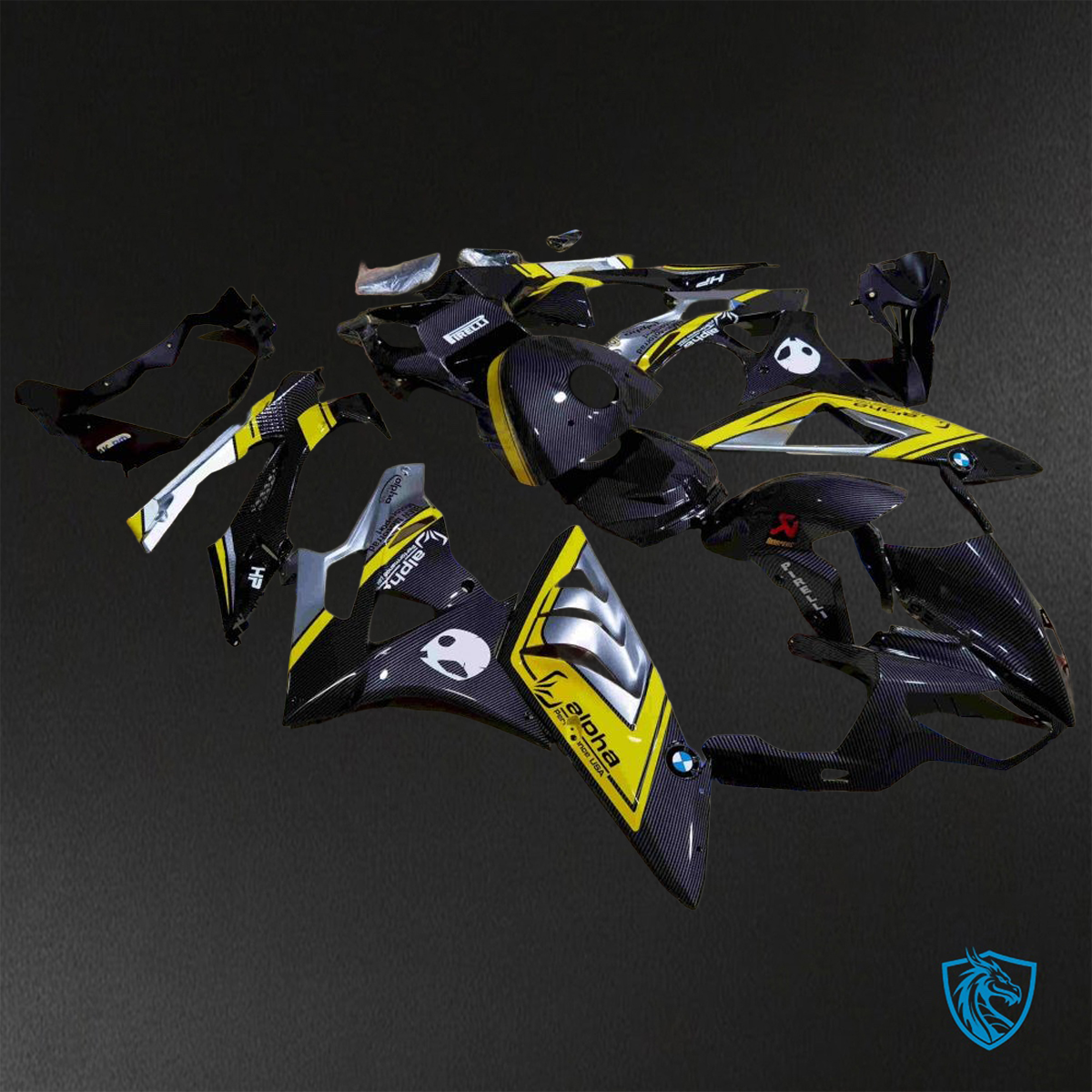 BMW S1000RR HP4 (2009-2014) Black, Yellow, Silver & carbon fabric - Custom ABS Fairing Kit
