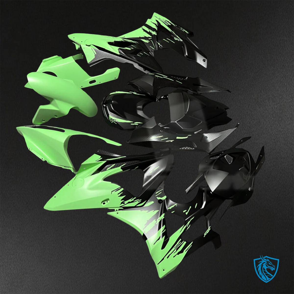 BMW S1000RR (2009-2014) Matte Black & Green Splash Fairings Kit - Aftermarket ABS Bodywork