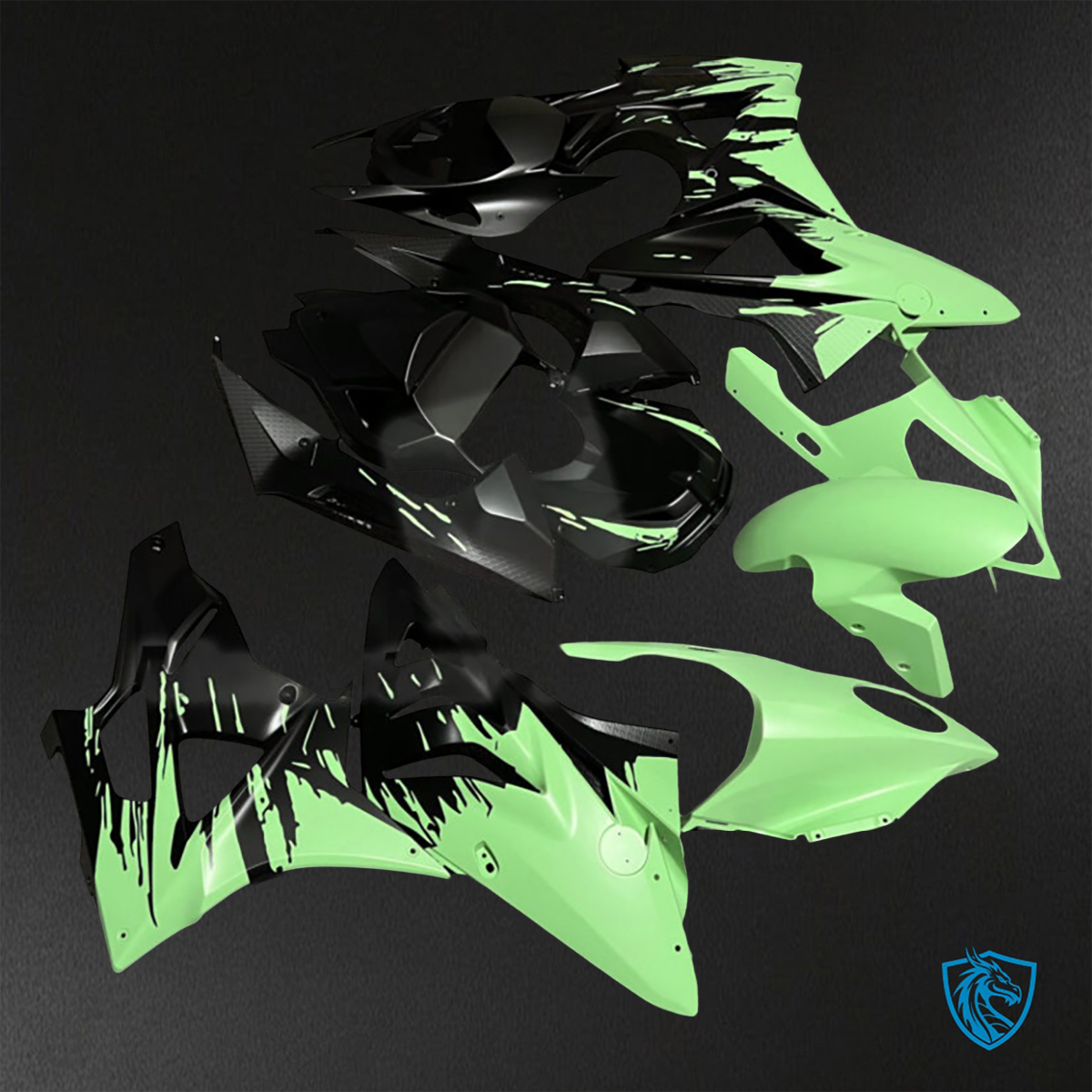 BMW S1000RR (2009-2014) Matte Black & Green Splash Fairings Kit - Aftermarket ABS Bodywork
