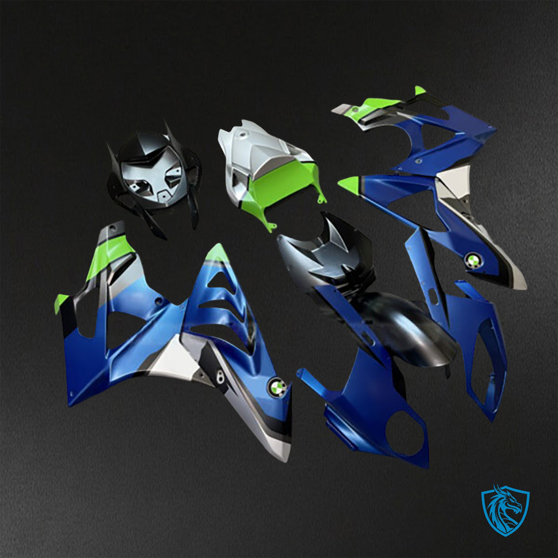BMW S1000RR (2009-2014) Matte Blue, Green, Black & White - Custom ABS Fairing Kit
