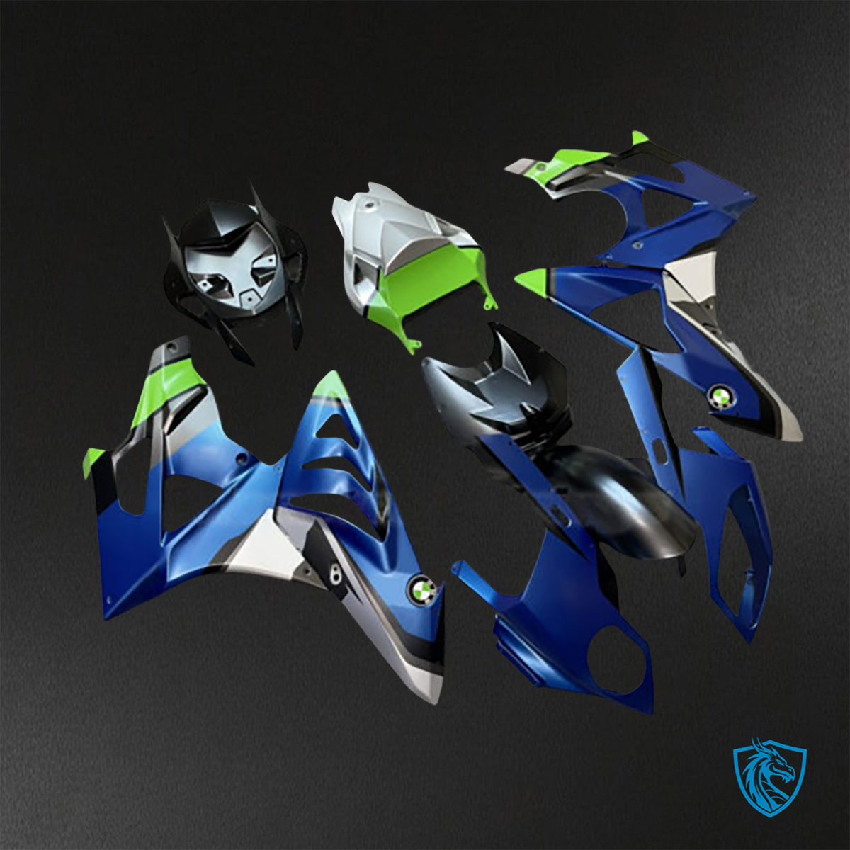 BMW S1000RR (2009-2014) Matte Blue, Green, Black & White - Custom ABS Fairing Kit