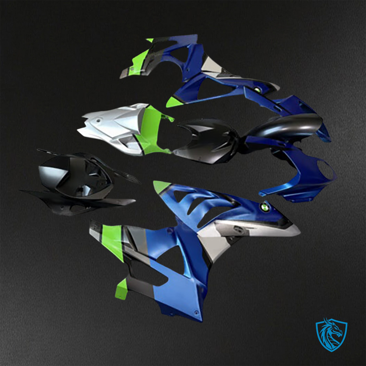 BMW S1000RR (2009-2014) Matte Blue, Green, Black & White - Custom ABS Fairing Kit