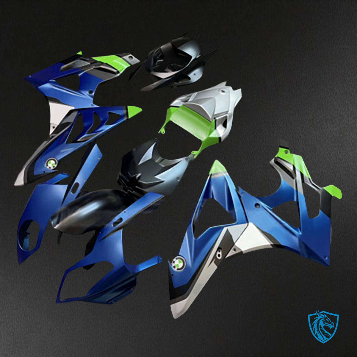 BMW S1000RR (2009-2014) Matte Blue, Green, Black & White - Custom ABS Fairing Kit
