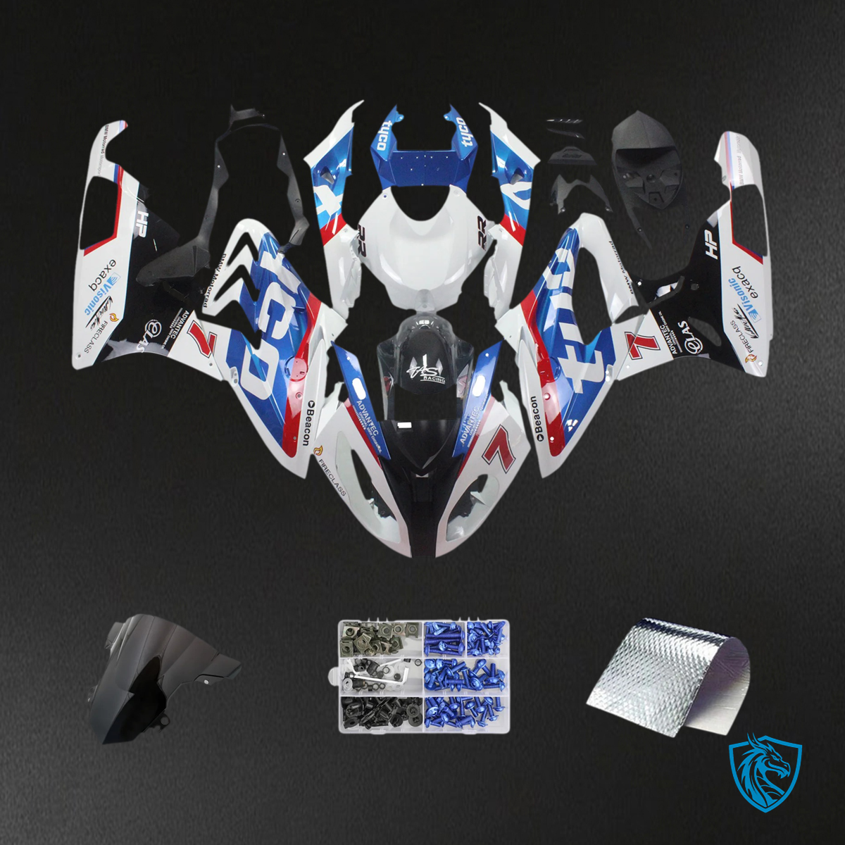 BMW S1000RR 2015-2016 Blue and White Style 1 ABS Fairing Kit, Front View