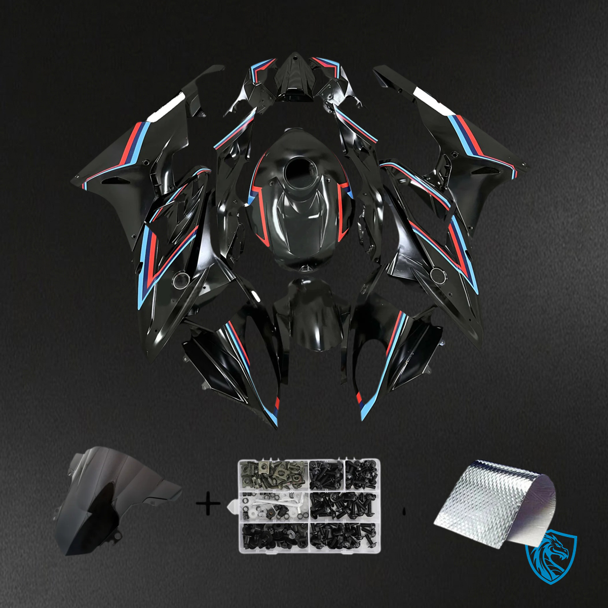 BMW S1000RR 2015-2016 Black, Red & Blue Lines ABS Fairing Kit - Front View