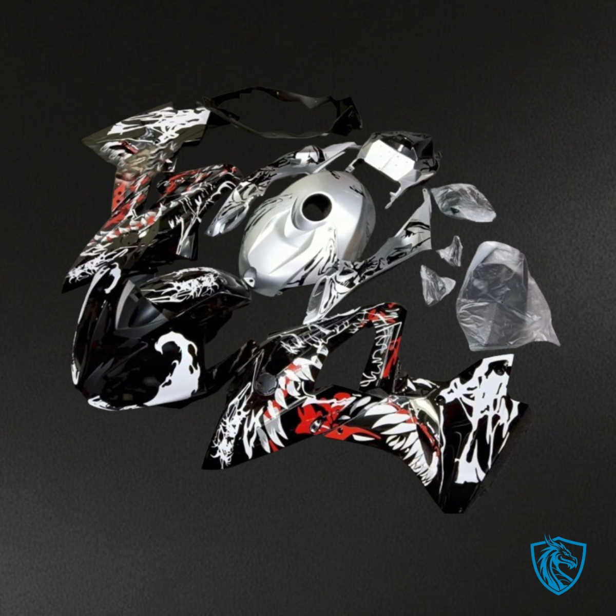 BMW S1000RR (2017-2018) Black, White & Silver Shark - Custom ABS Fairing Kit