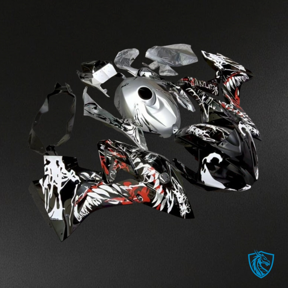 BMW S1000RR (2017-2018) Black, White & Silver Shark - Custom ABS Fairing Kit