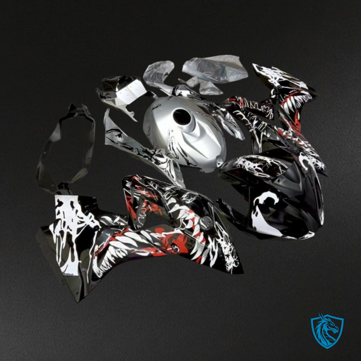 BMW S1000RR (2017-2018) Black, White & Silver Shark - Custom ABS Fairing Kit
