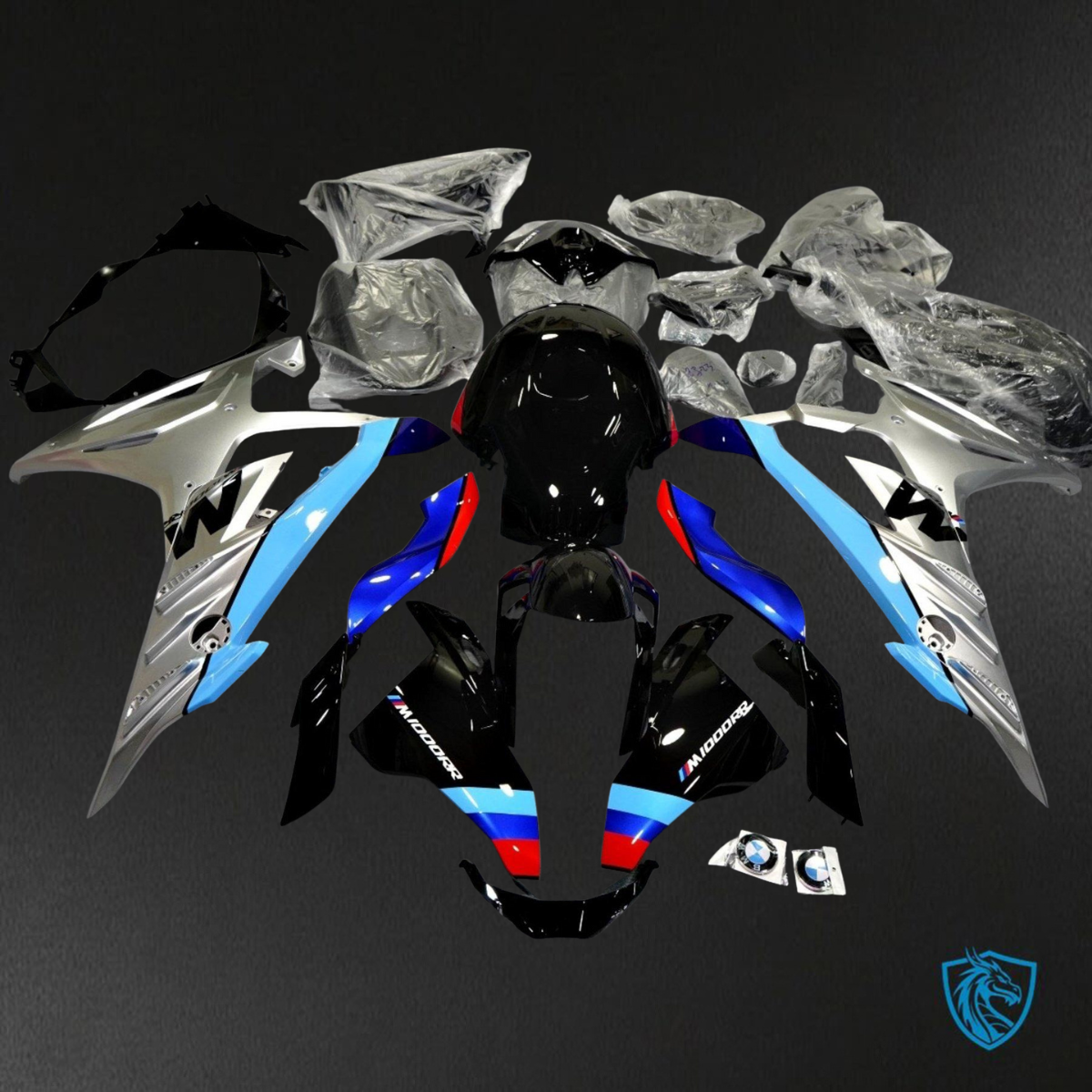 BMW S1000RR (2019-2020) Gloss Black, Silver & Blue Fairings Kit - Aftermarket ABS Bodywork