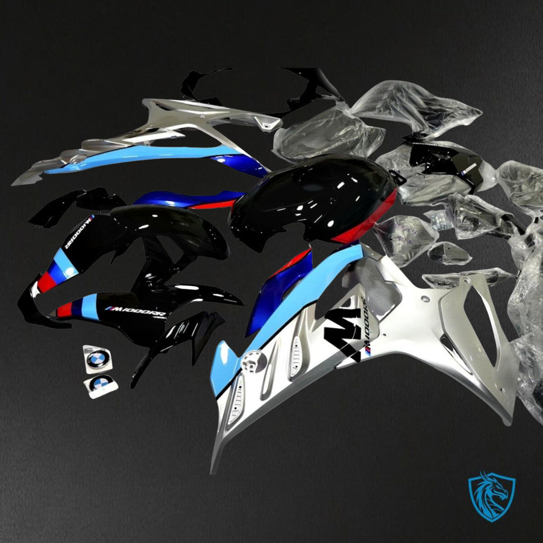 BMW S1000RR (2019-2020) Gloss Black, Silver & Blue Fairings Kit - Aftermarket ABS Bodywork