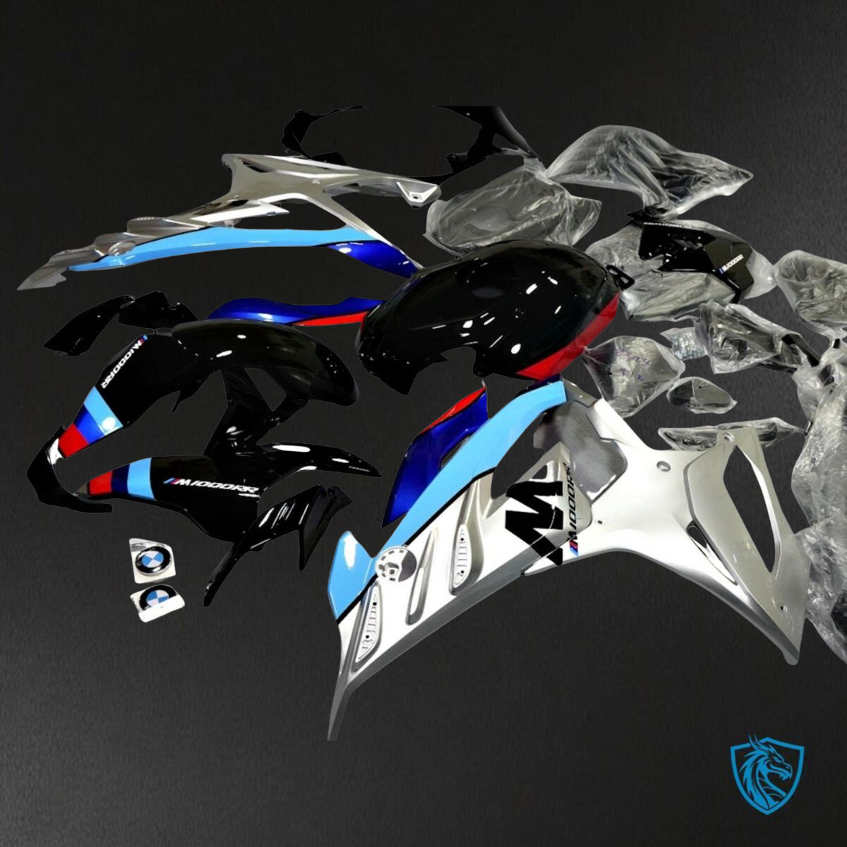 BMW S1000RR (2019-2020) Gloss Black, Silver & Blue Fairings Kit - Aftermarket ABS Bodywork