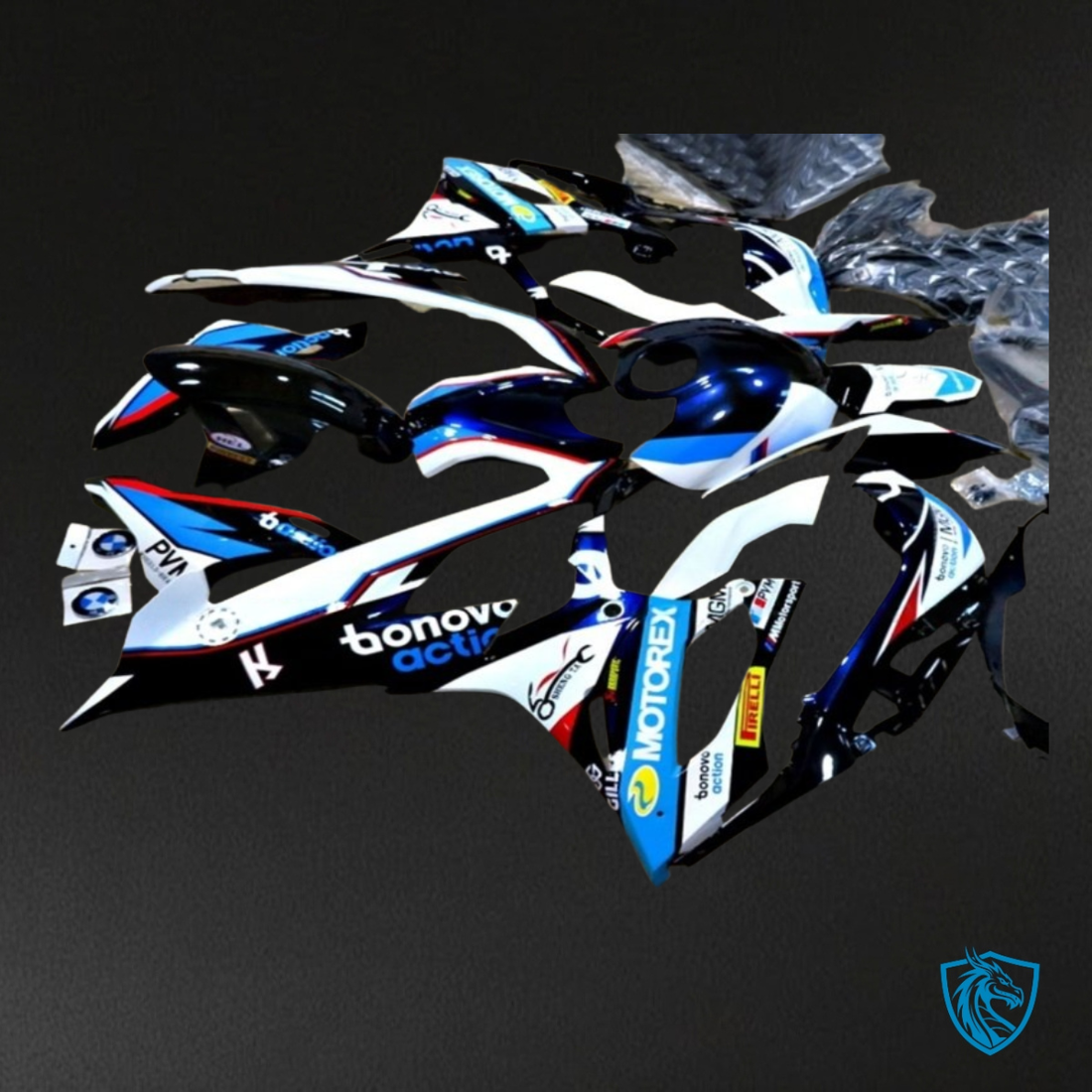 BMW S1000RR (2019-2020) White, Blue & Black with Logos - Custom ABS Fairing Kit