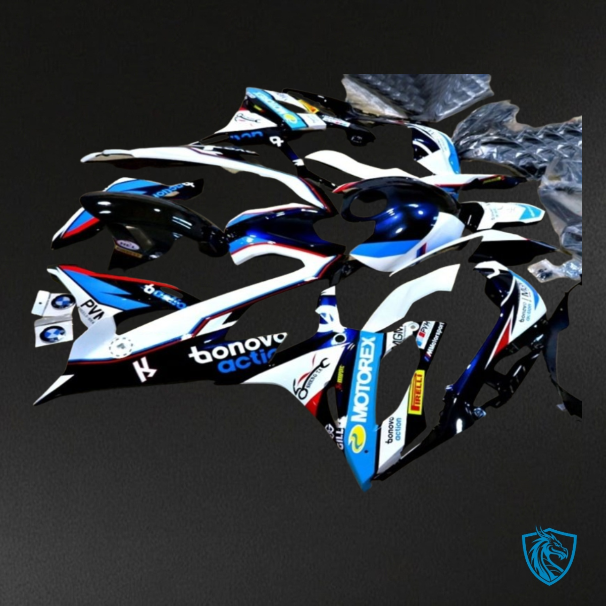 BMW S1000RR (2019-2020) White, Blue & Black with Logos - Custom ABS Fairing Kit