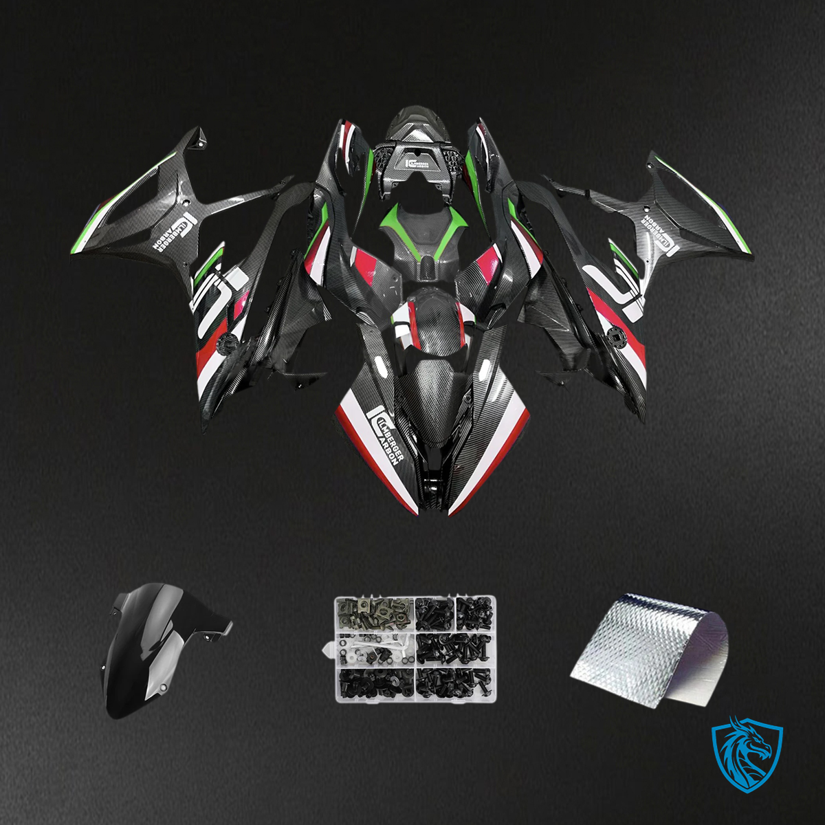 BMW S1000RR (2019-2022) Fairing Kit - Carbon Fiber - Red & Green - ABS Bodywork