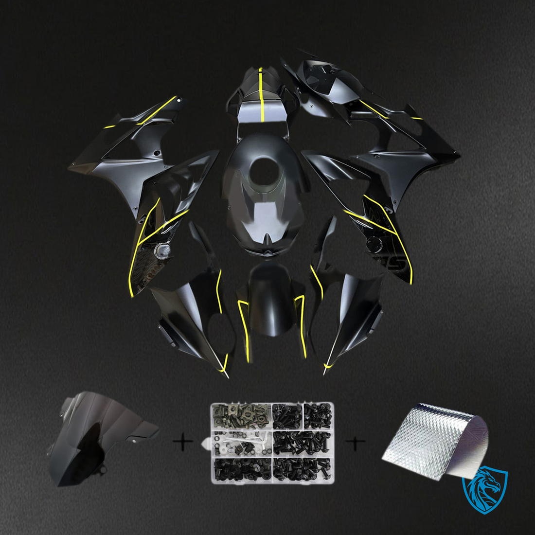 BMW S1000RR (2017-2018) Fairing Kit Body - Matte & Gloss Black with Yellow - ABS Bodywork