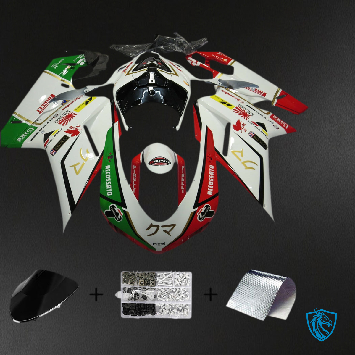 Ducati 1098 1198 848 (2007-2011) Fairing Kit - Gloss White, Red & Black with Green - ABS Bodywork