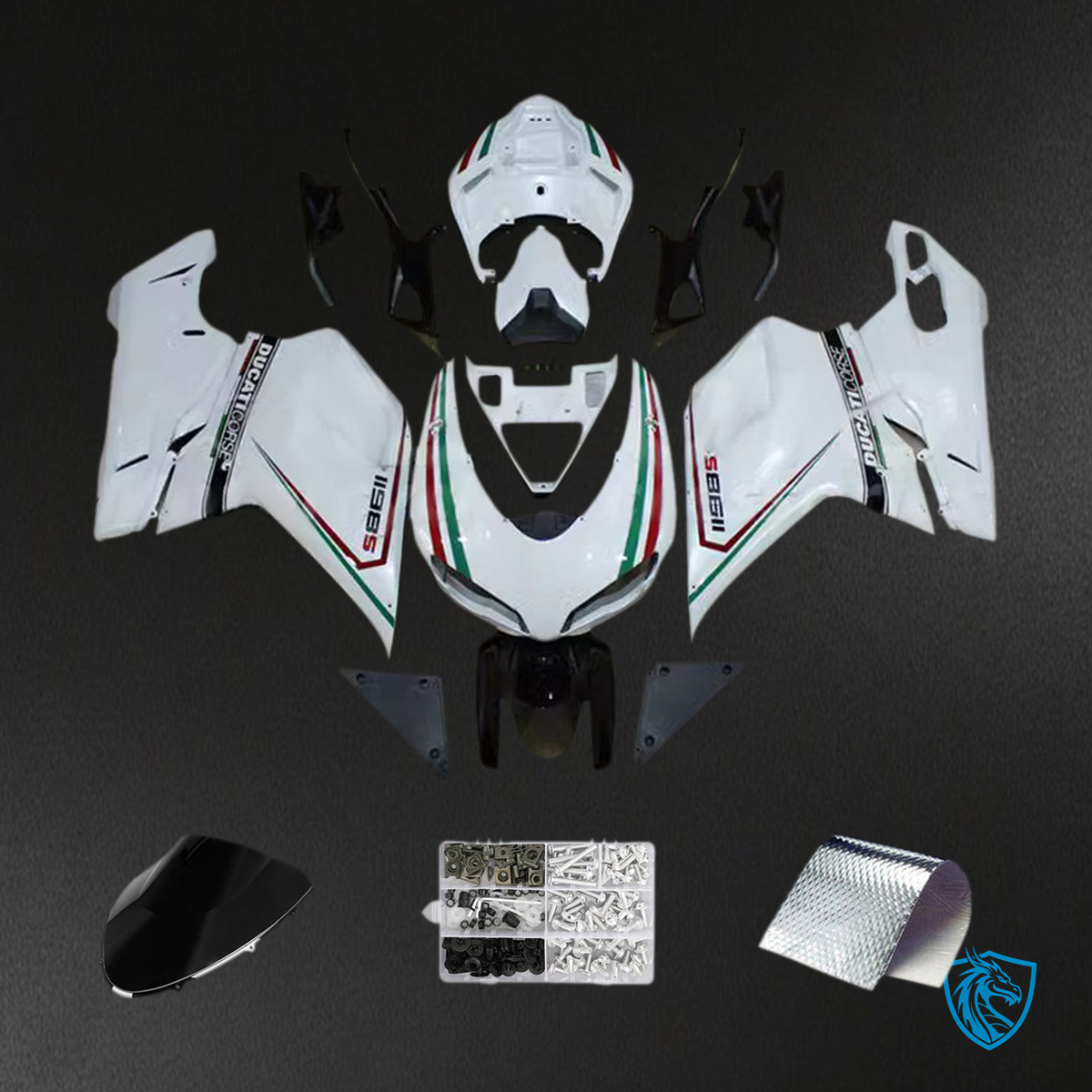 Ducati 1098 1198 848 (2007-2011) Fairing Kit - Glossy White, Green and Red lines - ABS Bodywork