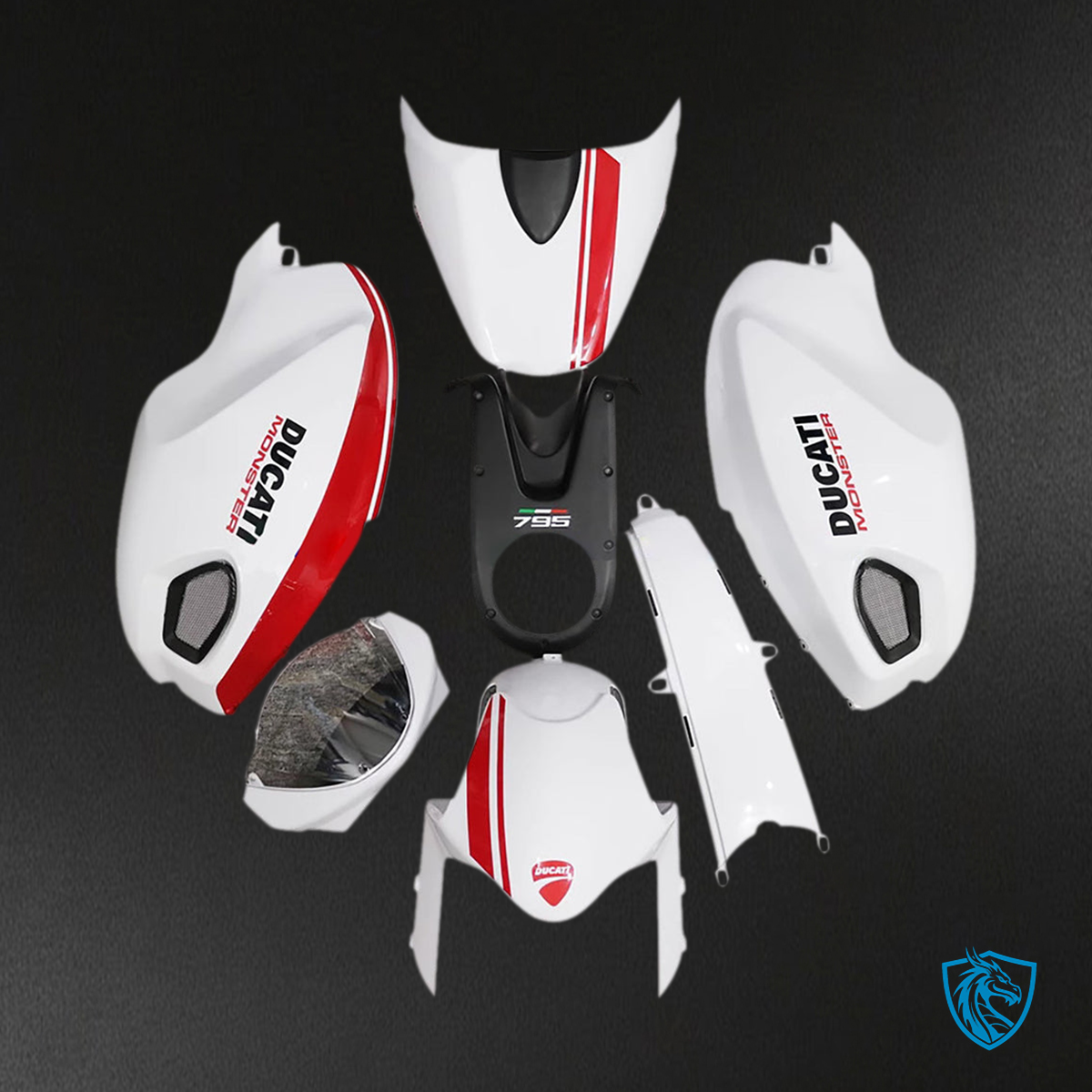 Ducati Monster 696 796 1100 S EVO All Years Fairing Kit - White & Black with Red line - ABS Bodywork