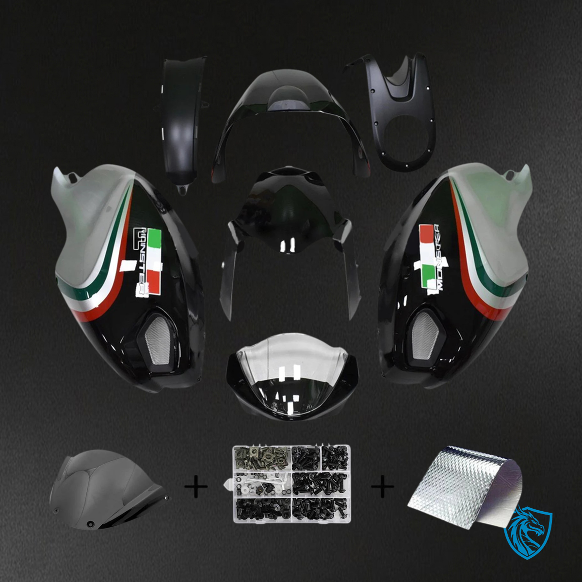Ducati All Years Monster 696 796 1100 S EVO - Fairing Kit - Black & Silver - ABS Bodywork