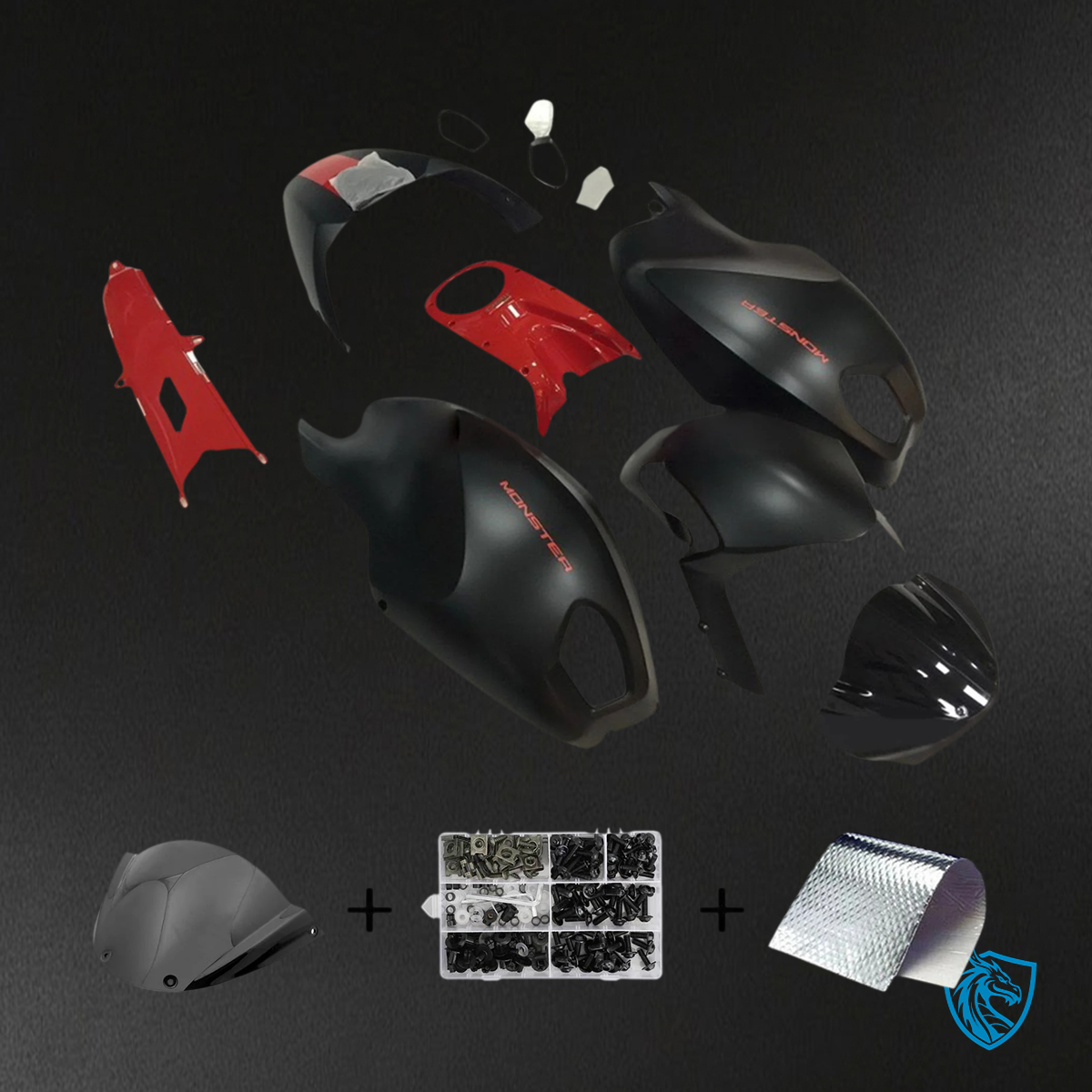 Ducati All Years Monster 696 796 1100 - Fairing Kit - Matte Black & Red - ABS Bodywork
