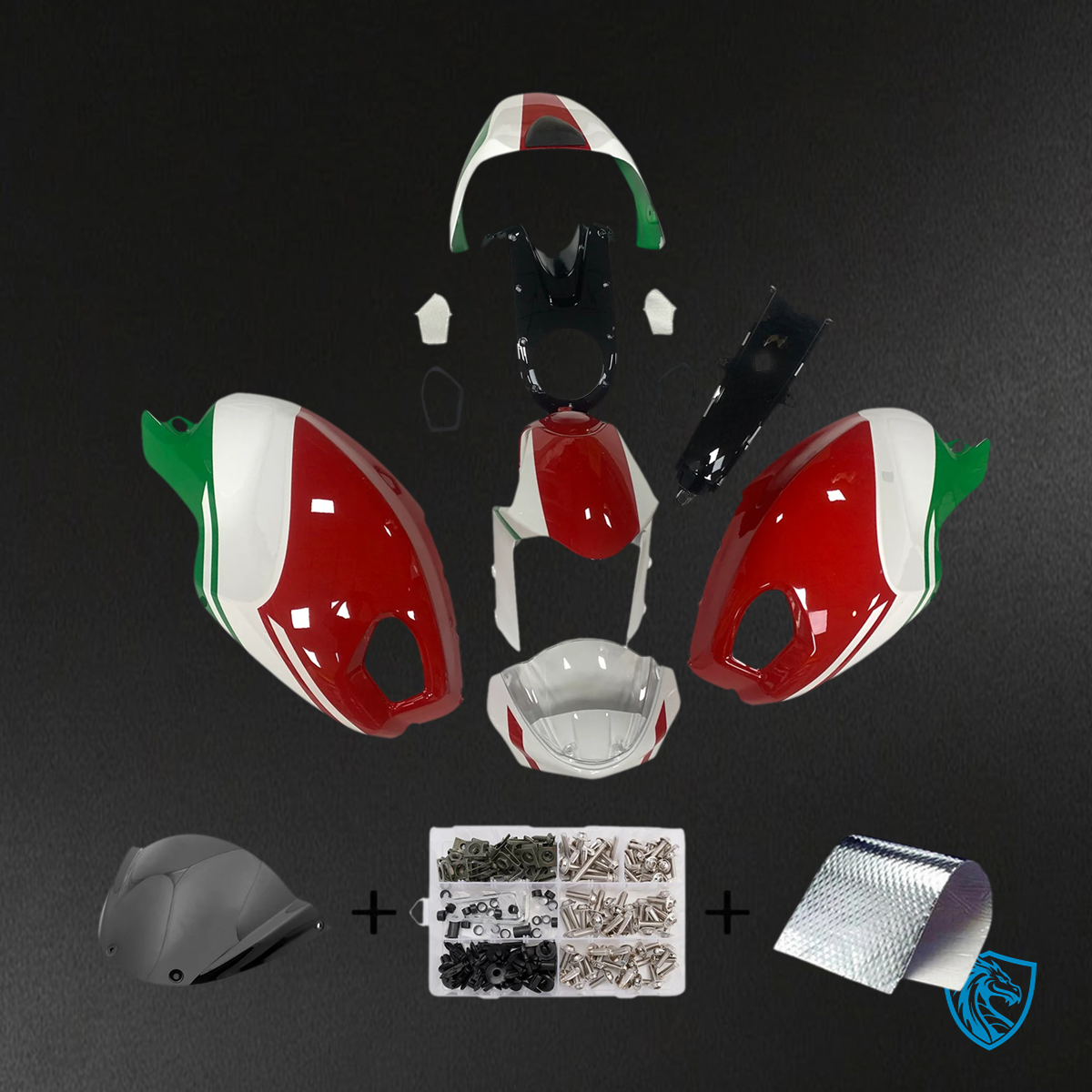 Ducati All Years Monster 696 796 1100 - Fairing Kit - White, Green & Red - ABS Bodywork