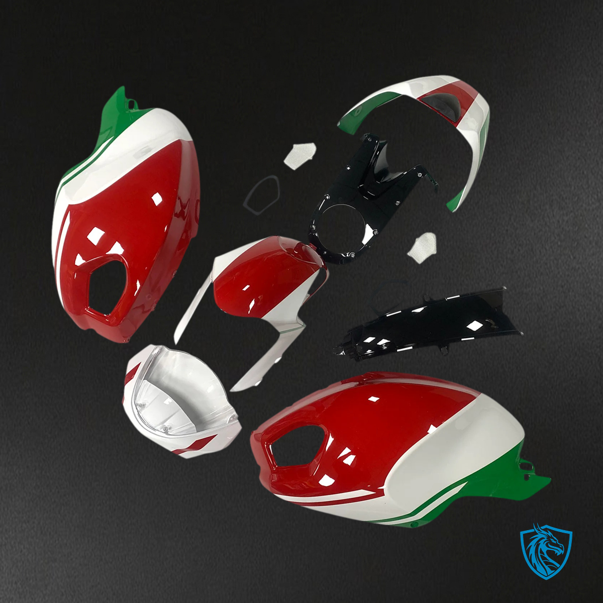 Ducati All Years Monster 696 796 1100 - Fairing Kit - White, Green & Red - ABS Bodywork