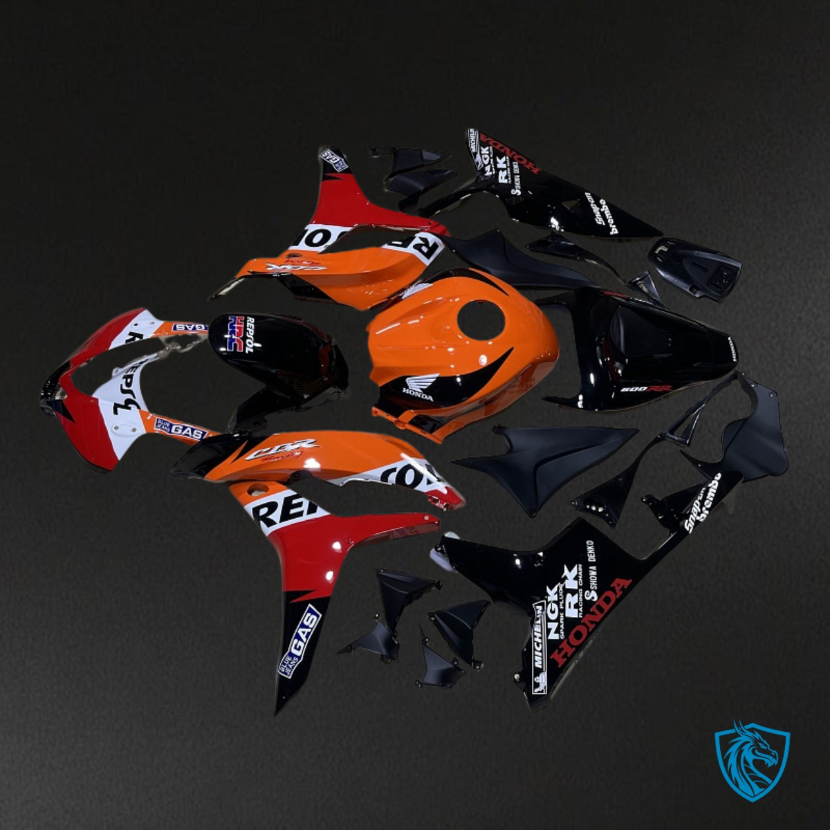 Honda CBR600RR (2007-2008) Black, Orange & White Repsol - Custom ABS Fairing Kit
