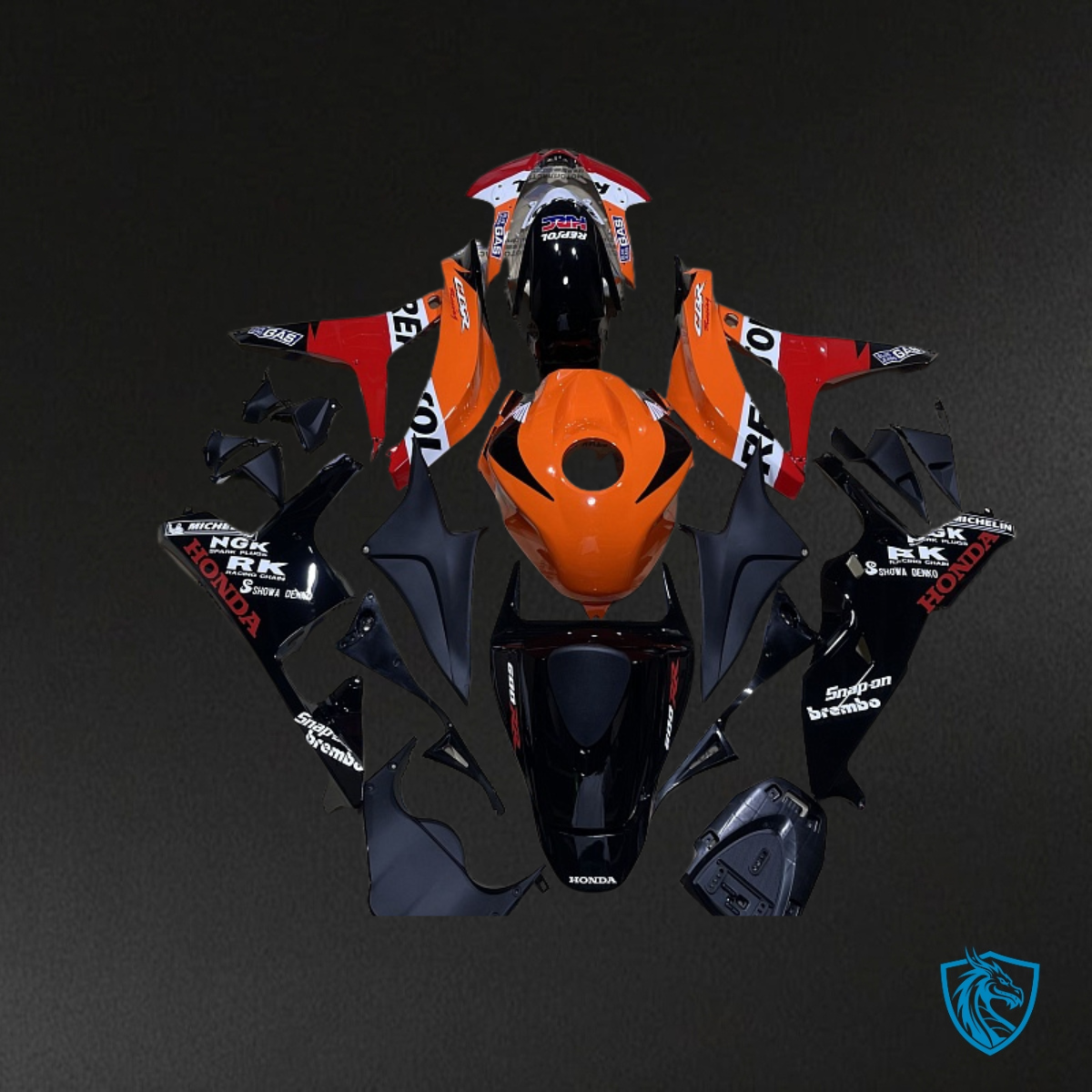 Honda CBR600RR (2007-2008) Black, Orange & White Repsol - Custom ABS Fairing Kit